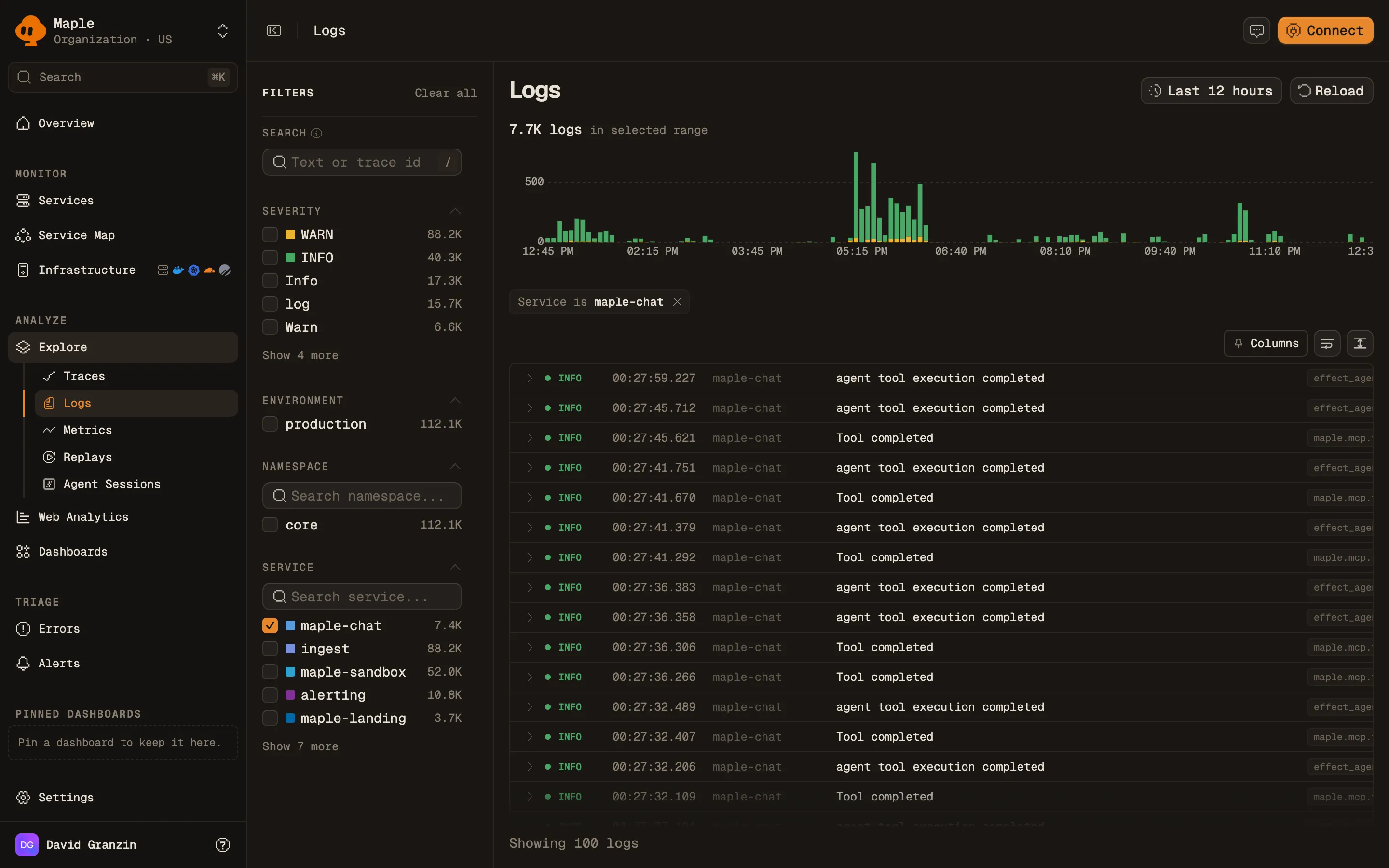The Logs page filtered to the maple-chat service: a log volume chart by severity, a Service is maple-chat filter chip, and rows with time, service and message, next to a sidebar of severity, environment, namespace and service filters.